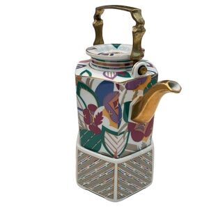 90s SIGMA THE TASTESETTER Limelight Porcelain Tea Coffee Pot & Warmer Set w/ Lid